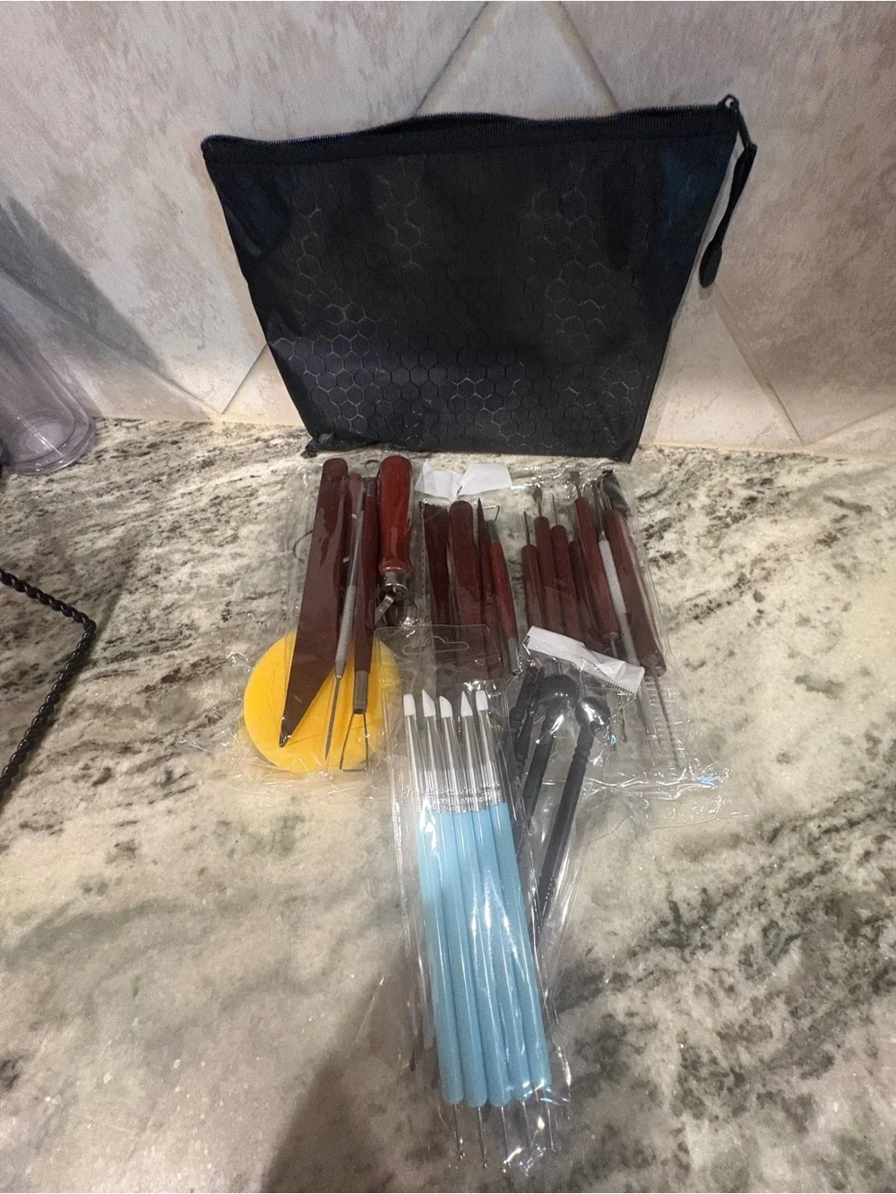 Wood Handle Clay Sculpting Tool Set with Blue Detail Brushes - Home Kitchen